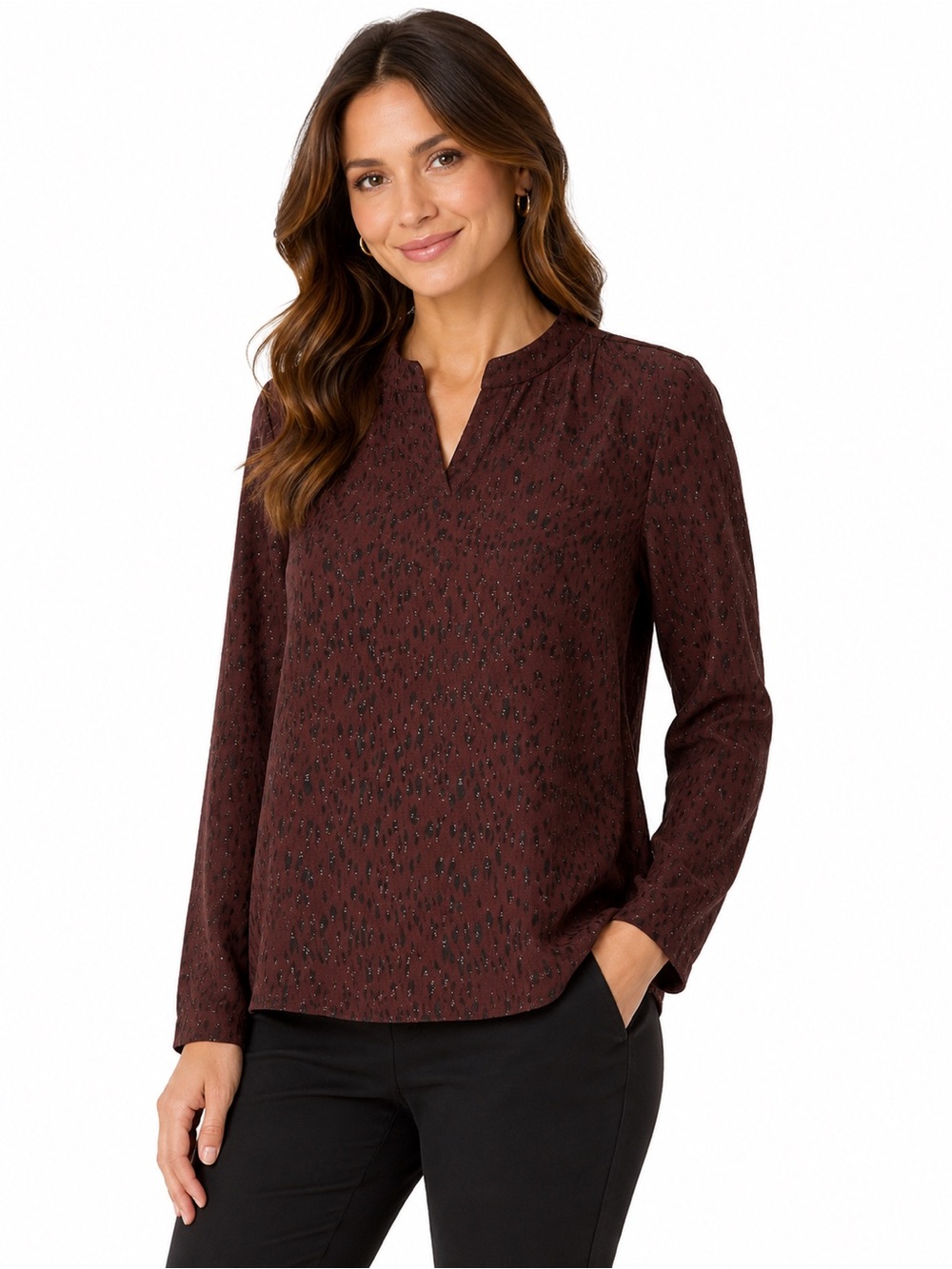Womens Long-Sleeve V-Neck Blouse in Deep Burgundy - 0973